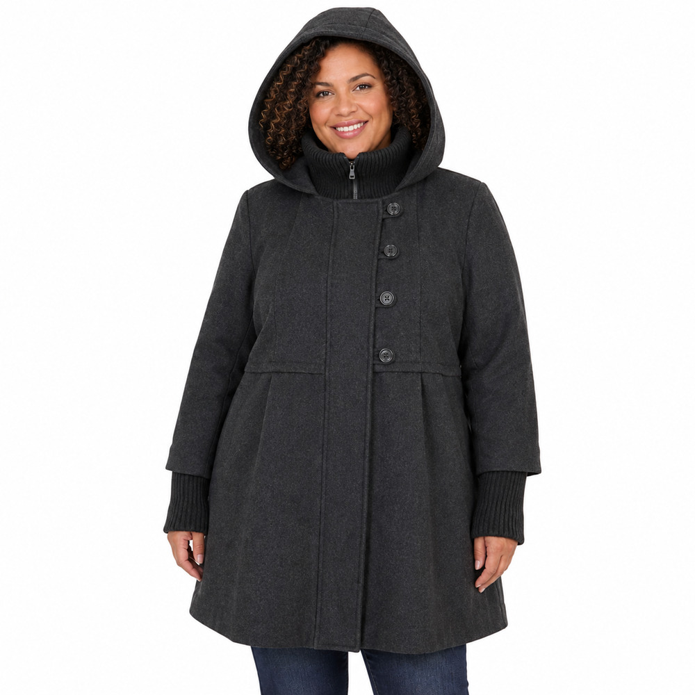 DKNY Donna Karen Dark Gray Wool Blend Hooded Dress Coat Winter Knee Length 1X